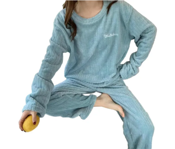 Autumn Winter Coral Fleece Home Wear Pajamas Suit For Women - Blue | JPN3597