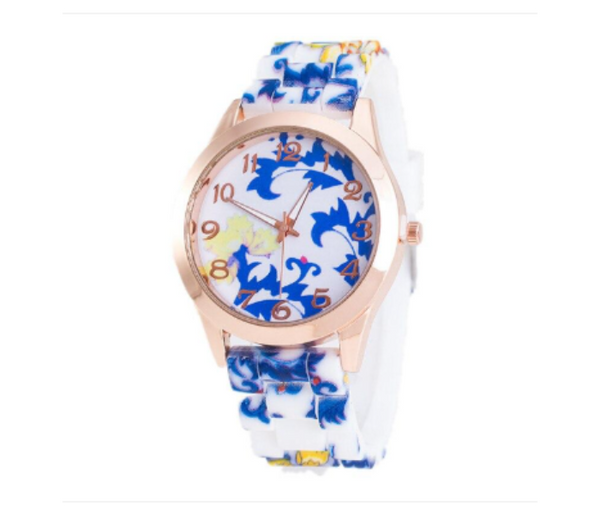 Floral Dial Silicone Band Analog Watches for Women - White and Blue  | JPM6437