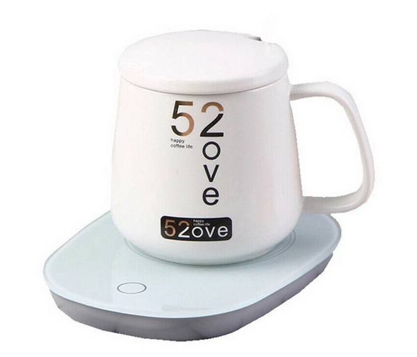Portable Warmer Heating Cup Ceramics Mug Thermostatic Coaster Mug Mat Office Tea Coffee Milk Heater with Cup Spoon - White | JPK0377