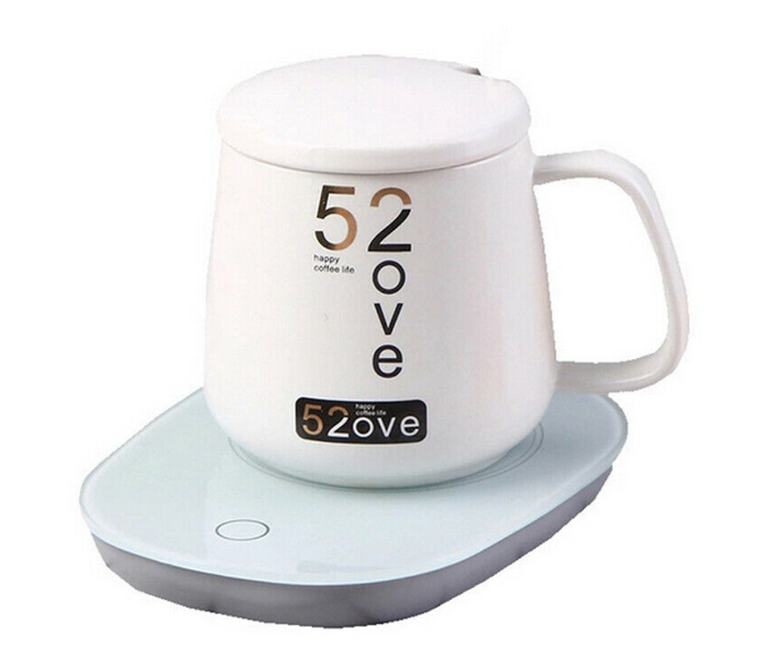 Portable Warmer Heating Cup Ceramics Mug Thermostatic Coaster Mug Mat Office Tea Coffee Milk Heater with Cup Spoon - White | JPK0377