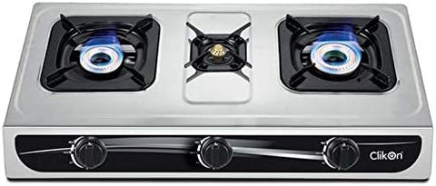 CLIKON | Triple 3 Burner Stainless Steel  Gas Stove With Brass Burners | CK4253