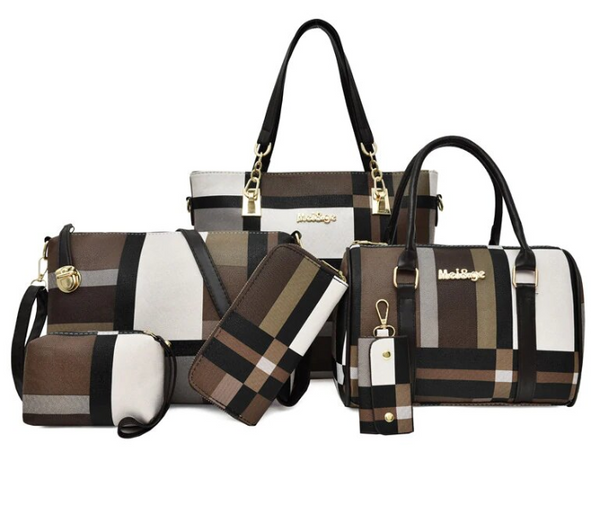 PU Leather 6 Pcs Check Pattern Composite Shoulder Crossbody Bag for Women -Brown | JPF0586