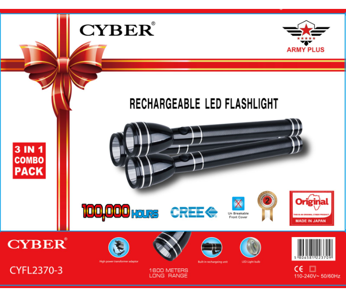 CYBER 3 in 1 Rechargeable LED Stainless Steel Flashlight Black MADE IN JAPAN  | JPN3612