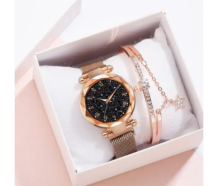 Rhinestone Decor Round Dial Zinc Alloy Strap Quartz Watch with Luminous Bracelet Set - Gold | JPN3100