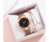 Rhinestone Decor Round Dial Zinc Alloy Strap Quartz Watch with Luminous Bracelet Set - Gold | JPN3100
