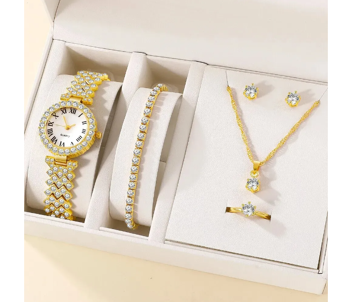 Rhinestone Decor Quartz Watch Wristwatches For Women With 5 Pcs Jewelry Set - Gold | JPN3099