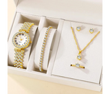 Rhinestone Decor Quartz Watch Wristwatches For Women With 5 Pcs Jewelry Set - Gold | JPN3099