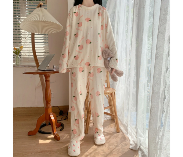 Autumn Winter Warm Flannel Thick Homewear Long Sleeve Cartoon Sleepwear Female Pajamas Suit Wearable -  Assorted | JPN4589