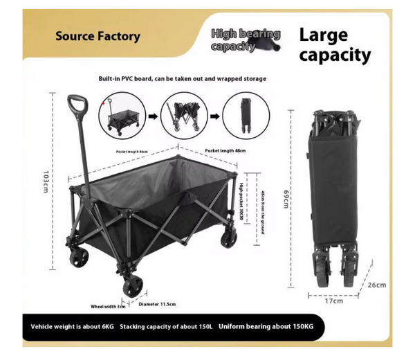 Garden Cart Folding Trolley - 150kg Heavy Duty Outdoor Wagon, Collapsible Camping & Picnic Trailer (Black) | JPO5350