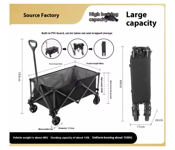 Garden Cart Folding Trolley - 150kg Heavy Duty Outdoor Wagon, Collapsible Camping & Picnic Trailer (Black) | JPO5350