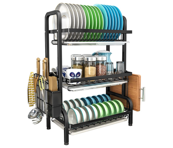 2 Tier Dish Drying Rack Extra Large Carbon Steel Dish Rack and Drainboard Set for Kitchen Countertop, Easy Install Dish Drainer | JPO0402