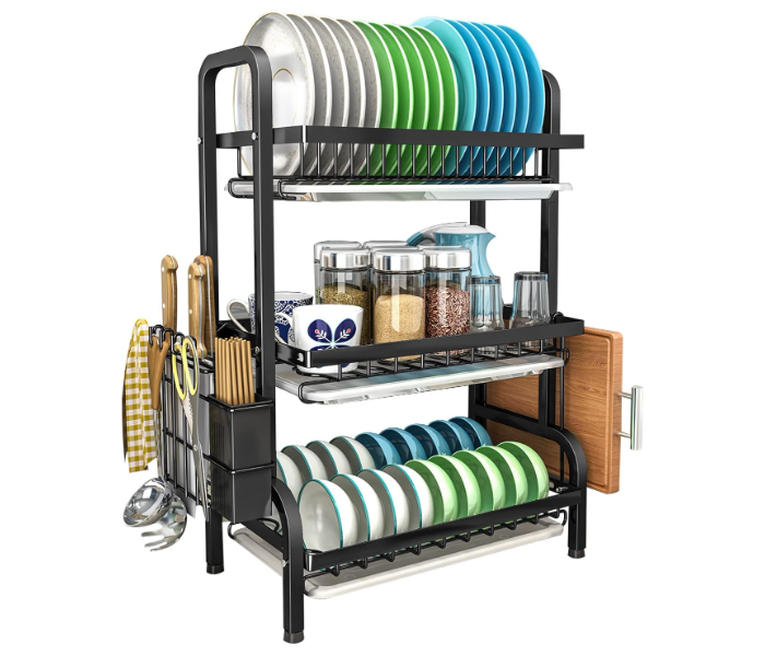 2 Tier Dish Drying Rack Extra Large Carbon Steel Dish Rack and Drainboard Set for Kitchen Countertop, Easy Install Dish Drainer | JPO0402