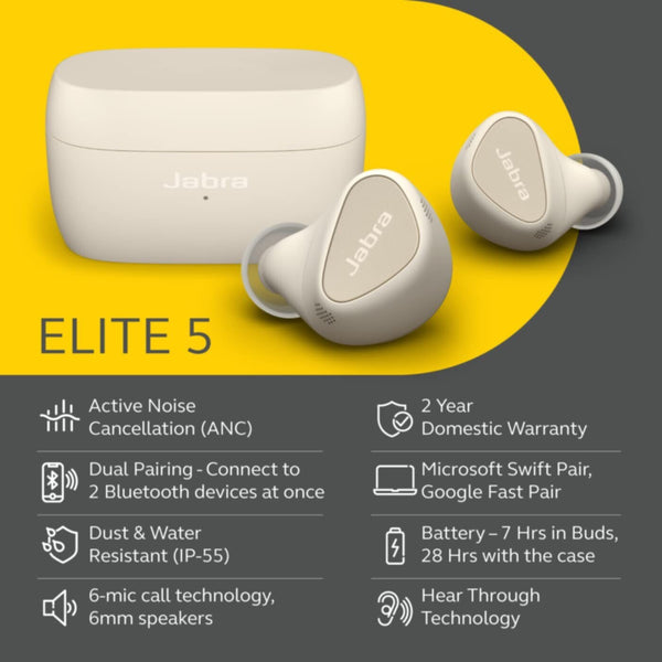 JABRA | Elite 5 True Wireless In-Ear Headphones with Active Noise Cancellation Gold Beige | 100-99181001-60