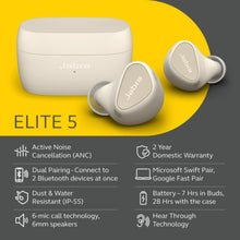 JABRA | Elite 5 True Wireless In-Ear Headphones with Active Noise Cancellation Gold Beige | 100-99181001-60
