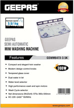 GEEPAS | Semi Automatic Mini Washing Machine 3.5Kg 360W | GSWM6473