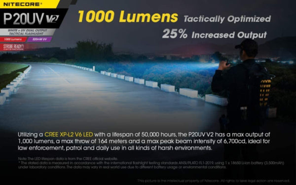 NITECORE | White+UV Dual Output Tactical Flashlight 1000 Lumens 320mW UV | P20UV V2