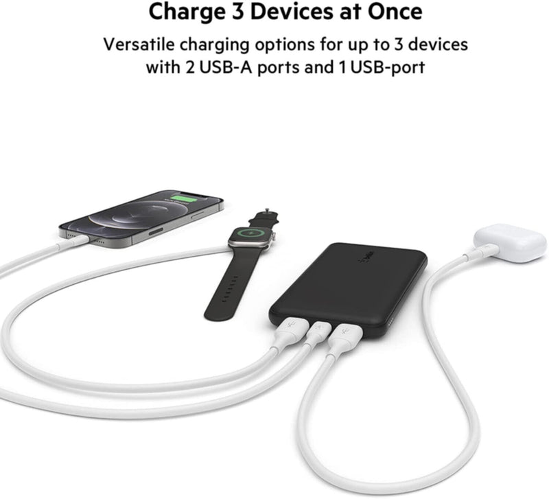 BELKIN | 10K Power Bank With Usb-C 15W, Dual Usb-A, 15Cm Usb-A To C Cable, Black | BPB011btBK