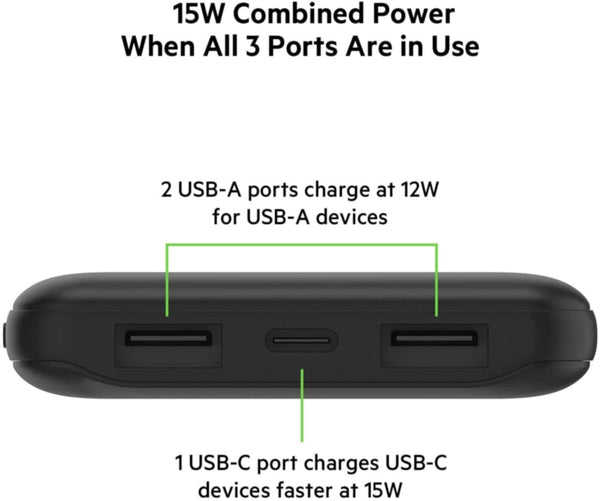BELKIN | 10K Power Bank With Usb-C 15W, Dual Usb-A, 15Cm Usb-A To C Cable, Black | BPB011btBK