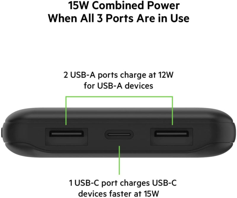 BELKIN | 10K Power Bank With Usb-C 15W, Dual Usb-A, 15Cm Usb-A To C Cable, Black | BPB011btBK