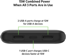 BELKIN | 10K Power Bank With Usb-C 15W, Dual Usb-A, 15Cm Usb-A To C Cable, Black | BPB011btBK