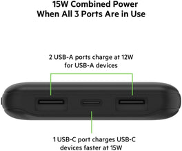BELKIN | 10K Power Bank With Usb-C 15W, Dual Usb-A, 15Cm Usb-A To C Cable, Black | BPB011btBK