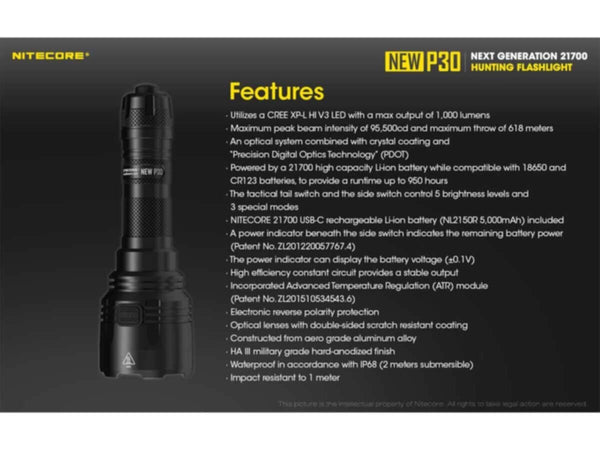 NITECORE | 1000 Lumens Compact Long-Range Hunting Flashlight USB-C Rechargeable | New P30