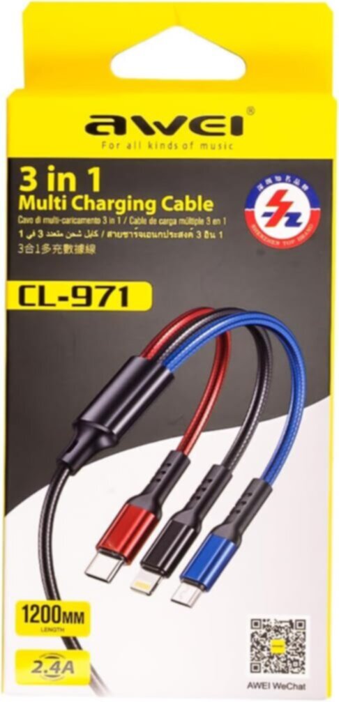 AWEI | Micro Type C Lightning 3 In 1 Multi Charging Cable| CL-971