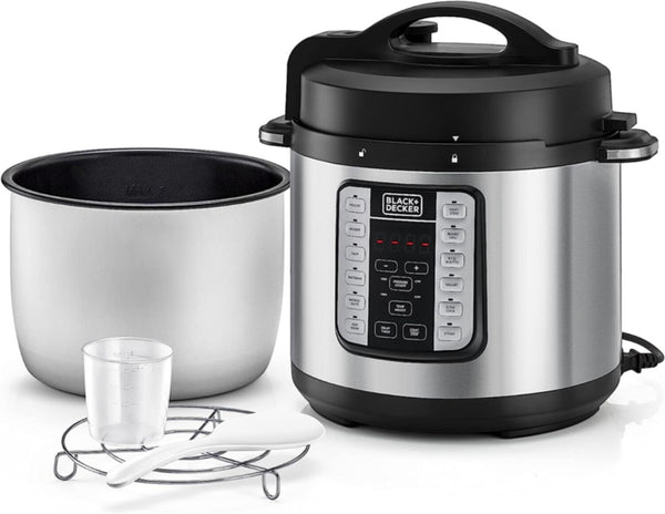 BLACK + DECKER | Smart Steam Pot Electric Pressure Cooker 7 In 1 with 12-Programs 6LTR 1000W Black/Silver |PCP1000-B5