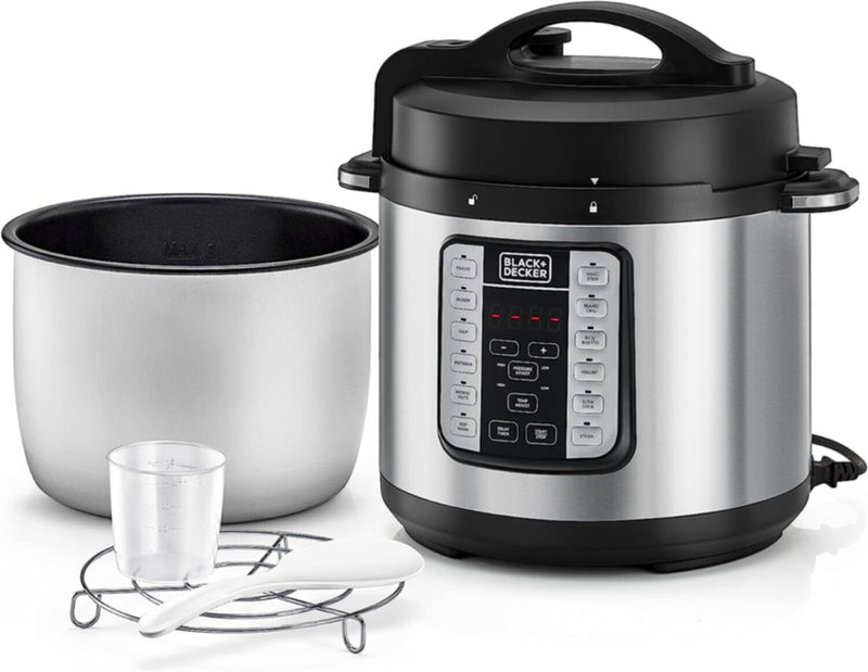 BLACK + DECKER | Smart Steam Pot Electric Pressure Cooker 7 In 1 with 12-Programs 6LTR 1000W Black/Silver |PCP1000-B5