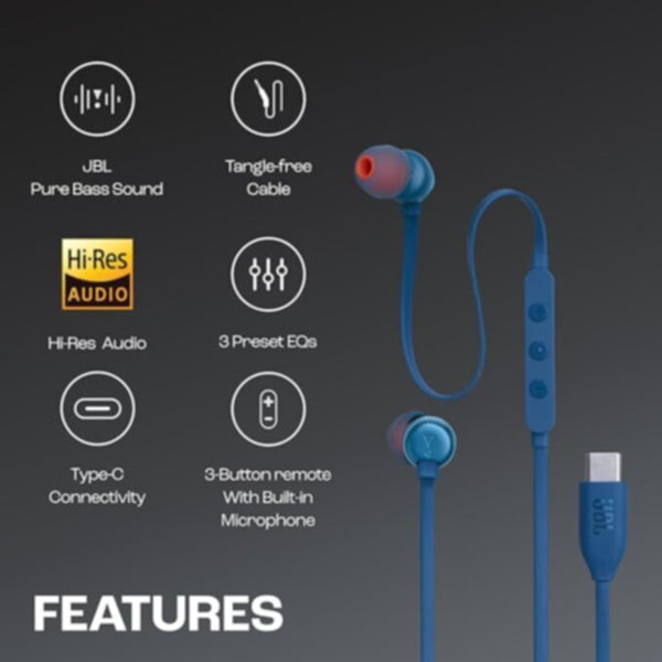 JBL| T310CUSB-C Blue Wired Hi-Res In-Ear Headphones | 301001000000620