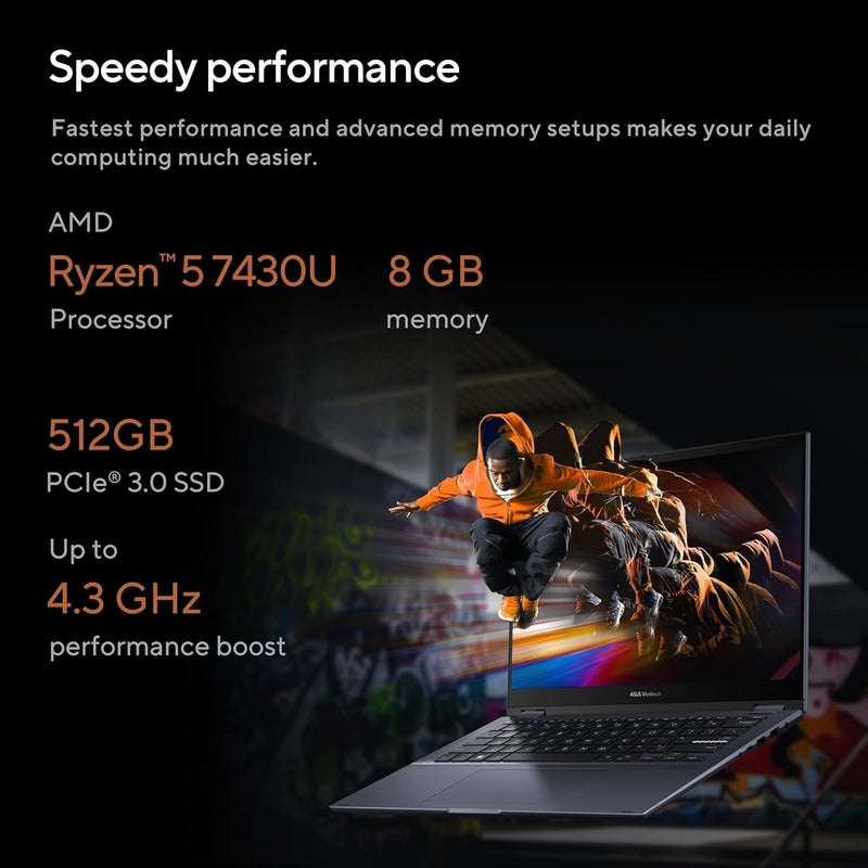 ASUS | Vivobook S 14 Flip Convertible Laptop 14inch WUXGA Touchscreen AMD Ryzen 5 7430U 8GB RAM 512GB SSD TN3402YA-LZ327W | MASITNTN34084