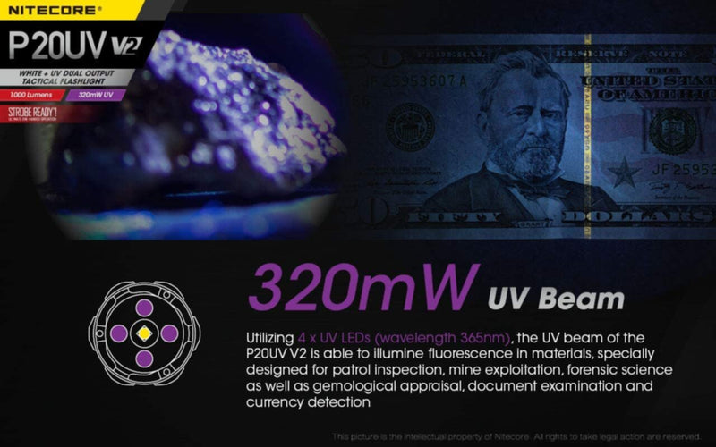 NITECORE | White+UV Dual Output Tactical Flashlight 1000 Lumens 320mW UV | P20UV V2