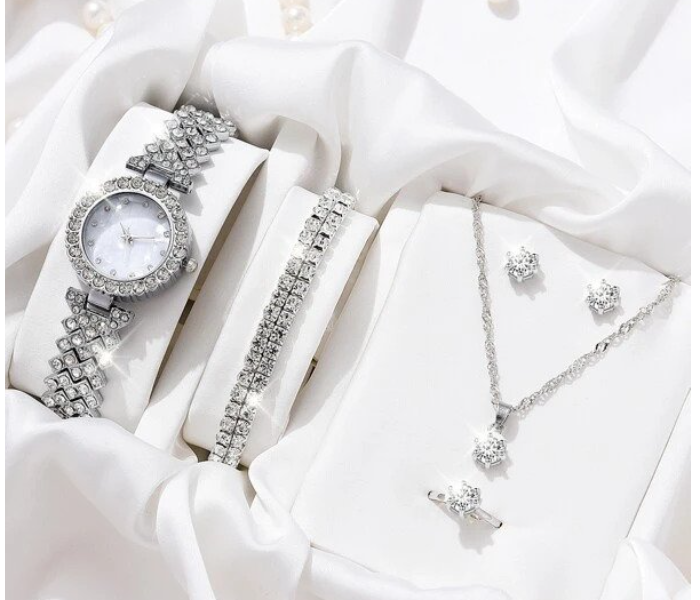 Rhinestone Decor Quartz Watch Wristwatches For Women with 5 Pcs Jewelry Set - Silver | JPN3098