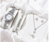 Rhinestone Decor Quartz Watch Wristwatches For Women with 5 Pcs Jewelry Set - Silver | JPN3098