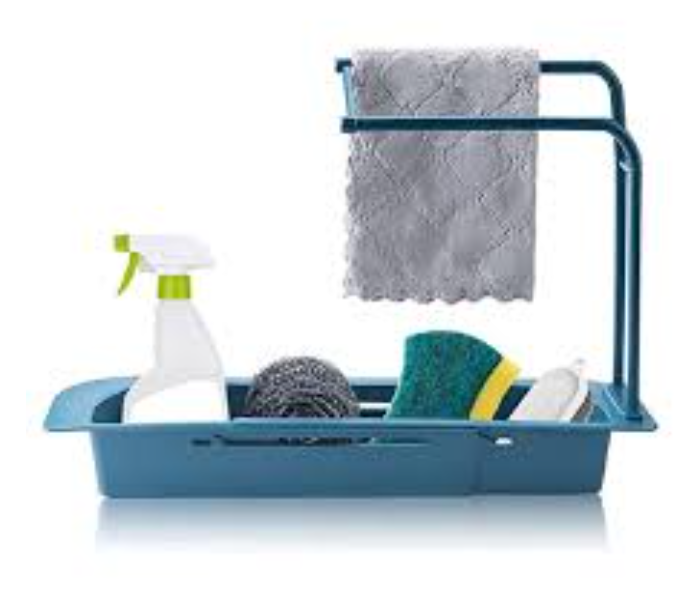 Telescopic Sink Rack Set, Adjustable Length Sink Rack Support, Sponge Soap Rack Drain Sink Tray, With Towel Bar Ventilation And Drainage Device Blue | JPO6632