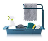 Telescopic Sink Rack Set, Adjustable Length Sink Rack Support, Sponge Soap Rack Drain Sink Tray, With Towel Bar Ventilation And Drainage Device Blue | JPO6632