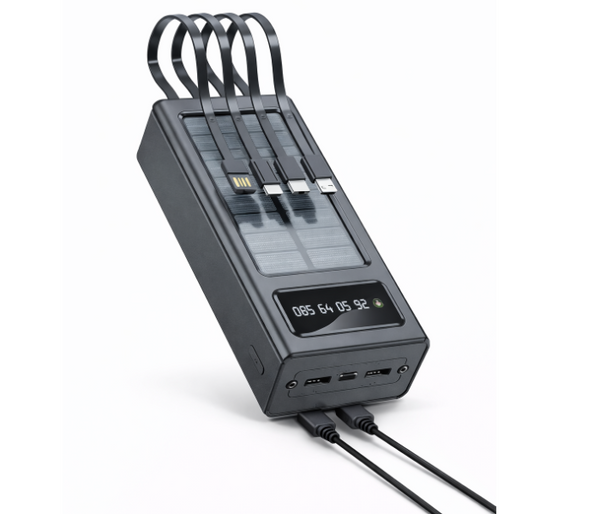 Power Bank 3 30000mAh High Capacity Solar Power Bank with Built-in Charging Cables, LCD Screen & Multi-Port Fast Charging | JPO5239