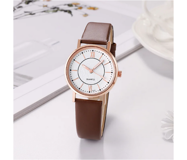 Luxury Casual Leather Simple Dress Quartz Ladies Wristwatch - Brown  | JPN4447