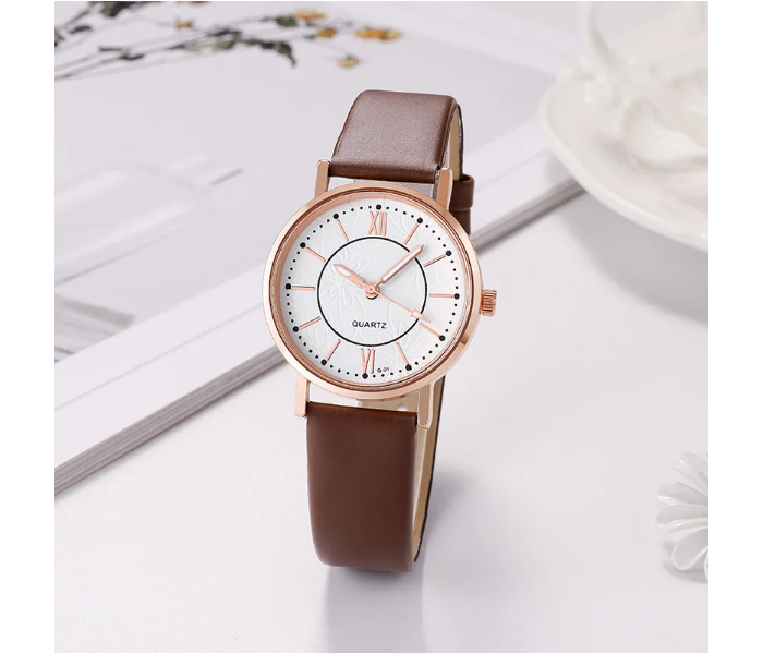 Luxury Casual Leather Simple Dress Quartz Ladies Wristwatch - Brown  | JPN4447