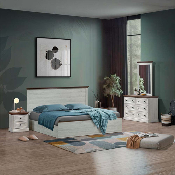 DANUBE | Pioneer 180x200 King Bed Set with 2 Nightstands & Dresser Mirror White Oak Brown | 810100100725