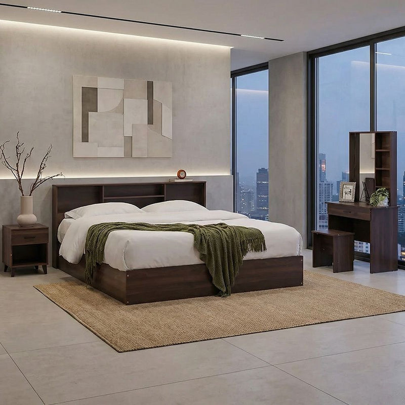 DANUBE | Gamorah 180x200 King Bed Set+1 Nightstand+ Dresser Mirror & Stool Columbia Dark Brown | 810100100766