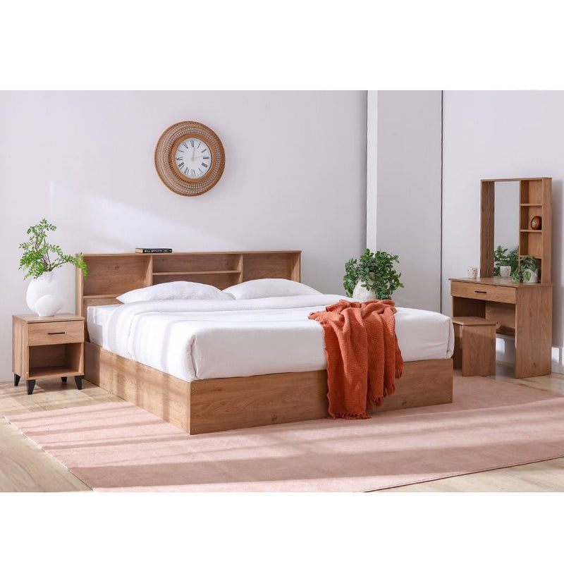DANUBE | Gamorah New 180x200 King Bed Set+1 Nightstand + Dresser Mirror & Stool Oak | 810100100768