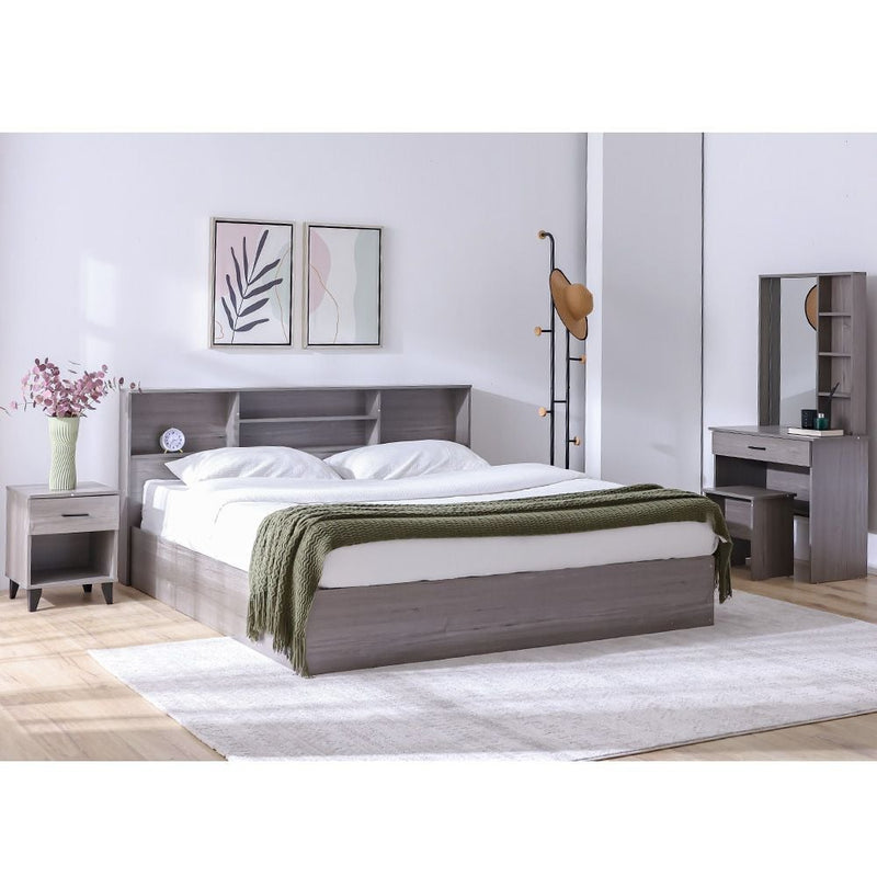 DANUBE | Gamorah 180x200 King Bed Set+1 Nightstand + Dresser Mirror & Stool Warm Grey | 810100100769