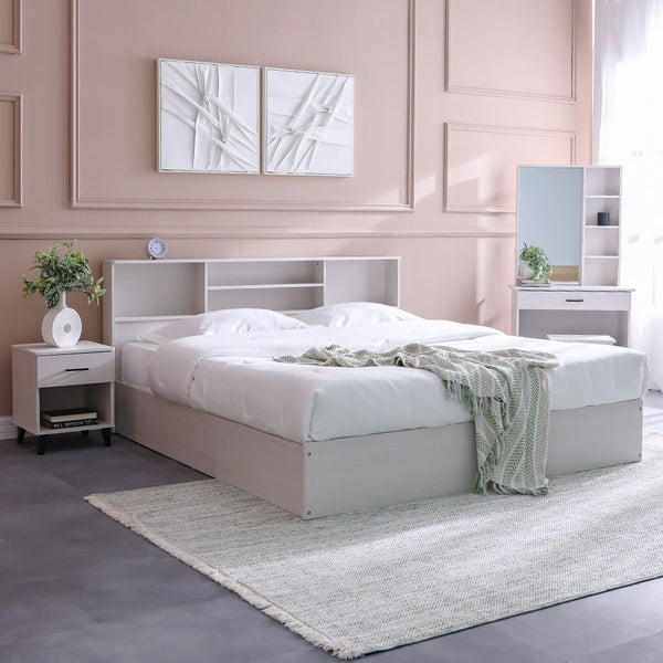 DANUBE | Gamorah 180X200 King Bed Set+1 Nightstand + Dresser Mirror & Stool Washed White | 810100100770
