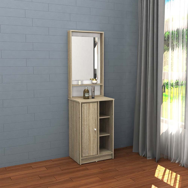 DANUBE | Kinder 1-Door Open Shelf Tall Dresser with Mirror-White & Sonoma Oak | 810101800402