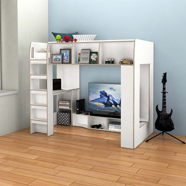 DANUBE | Kinder 90x190 Loft Bunk Bed with Study Desk & Storage White and Sonoma Oak | 810201000123