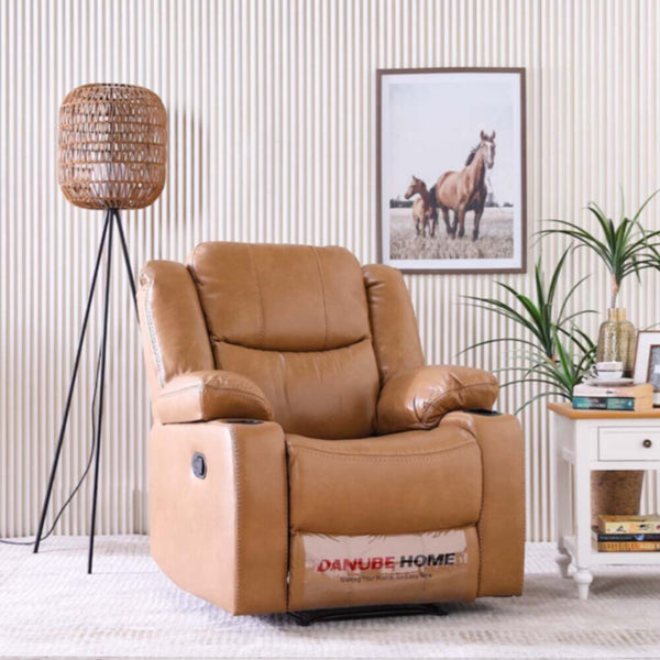 DANUBE | Marji 1 Seater Manual Air Leather Recliner with Cupholder and Storage - Tan | 810401500289