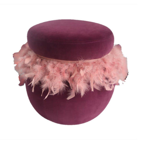 DANUBE | Conde Velvet Pouf with Feather - Pink | 811100700222