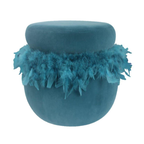 DANUBE | Conde Velvet Pouf with Feather - Blue | 811100700223