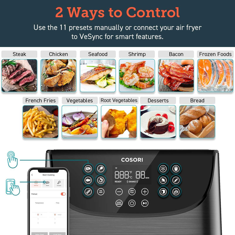 COSORI | Digital Touchscreen Smart WiFi Air Fryer With 11 Cooking Presets 5.5L | CS158-AF-BLK